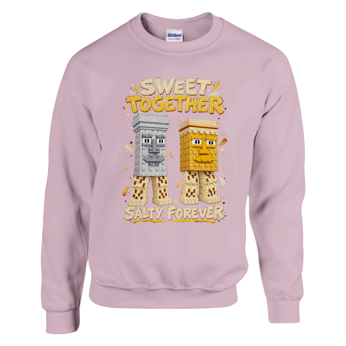 Garama and Madundung print on a light pink crewneck sweatshirt, front view