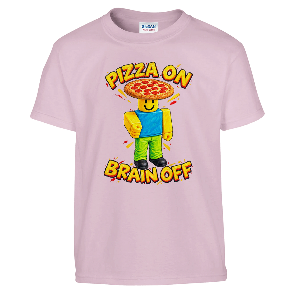 Noobini Pizzanini print on a light pink kids t-shirt, front view