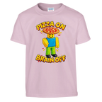 Noobini Pizzanini print on a light pink kids t-shirt, front view