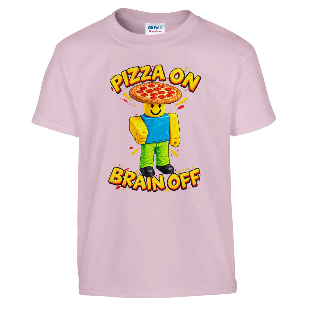 Noobini Pizzanini print on a light pink kids t-shirt, front view
