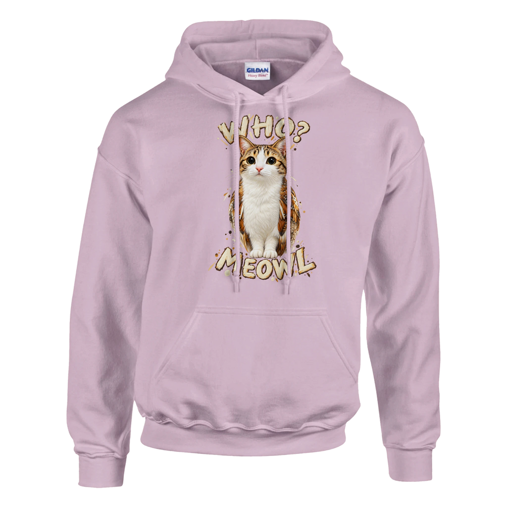 Meowl print on a light pink pullover hoodie, front view