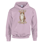 Meowl print on a light pink pullover hoodie, front view