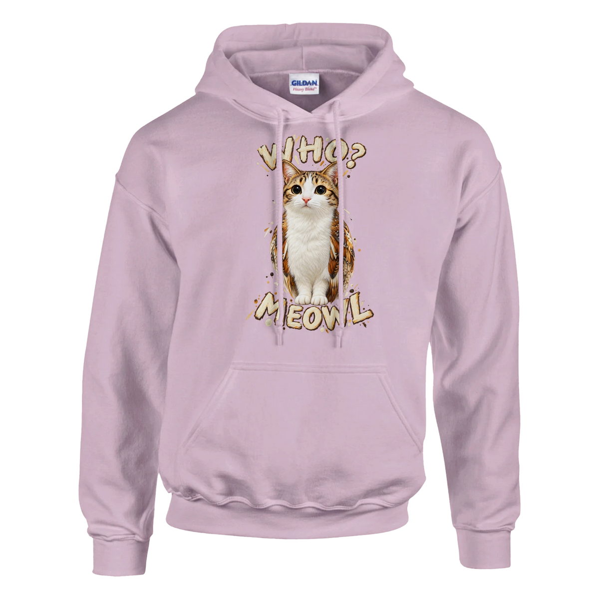 Meowl print on a light pink pullover hoodie, front view