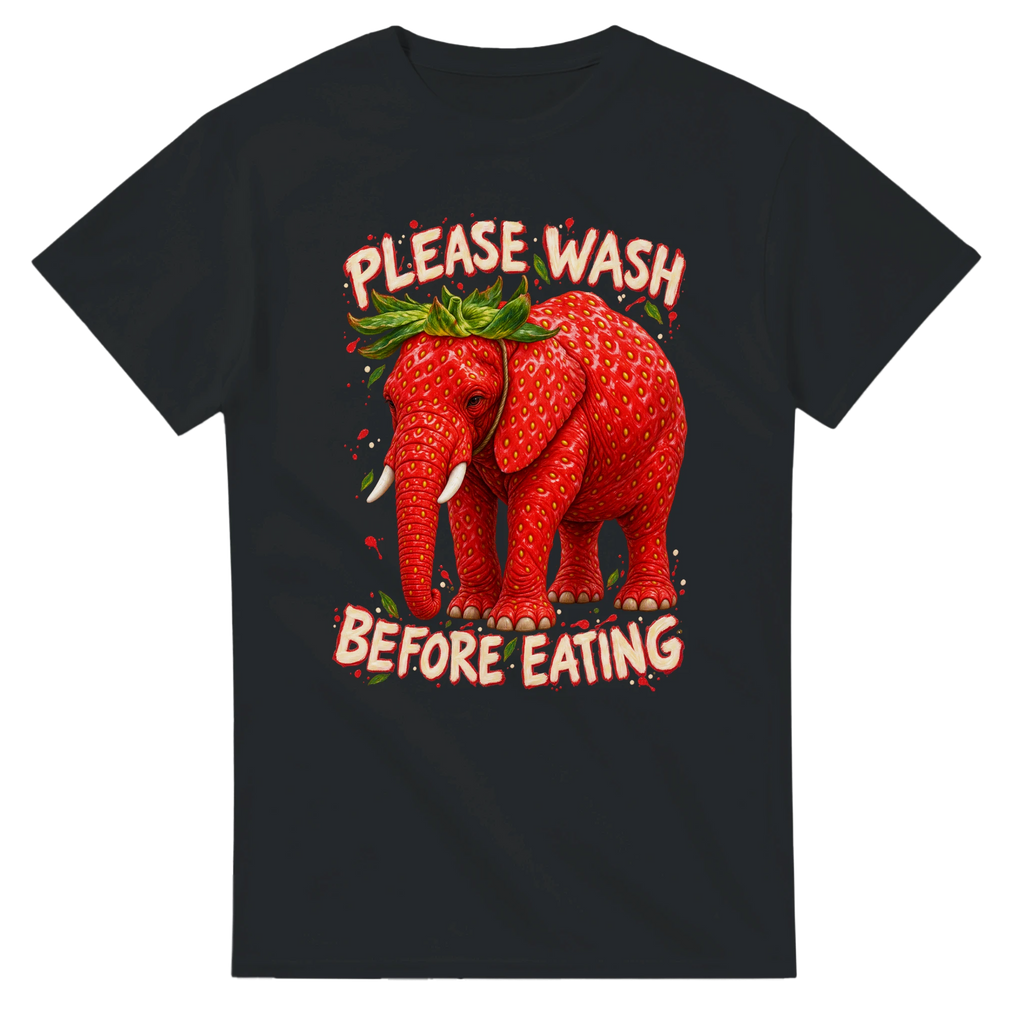 Black t-shirt printed with Strawberry Elephant and the words Please wash before eating, front view