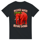 Black t-shirt printed with Strawberry Elephant and the words Please wash before eating, front view
