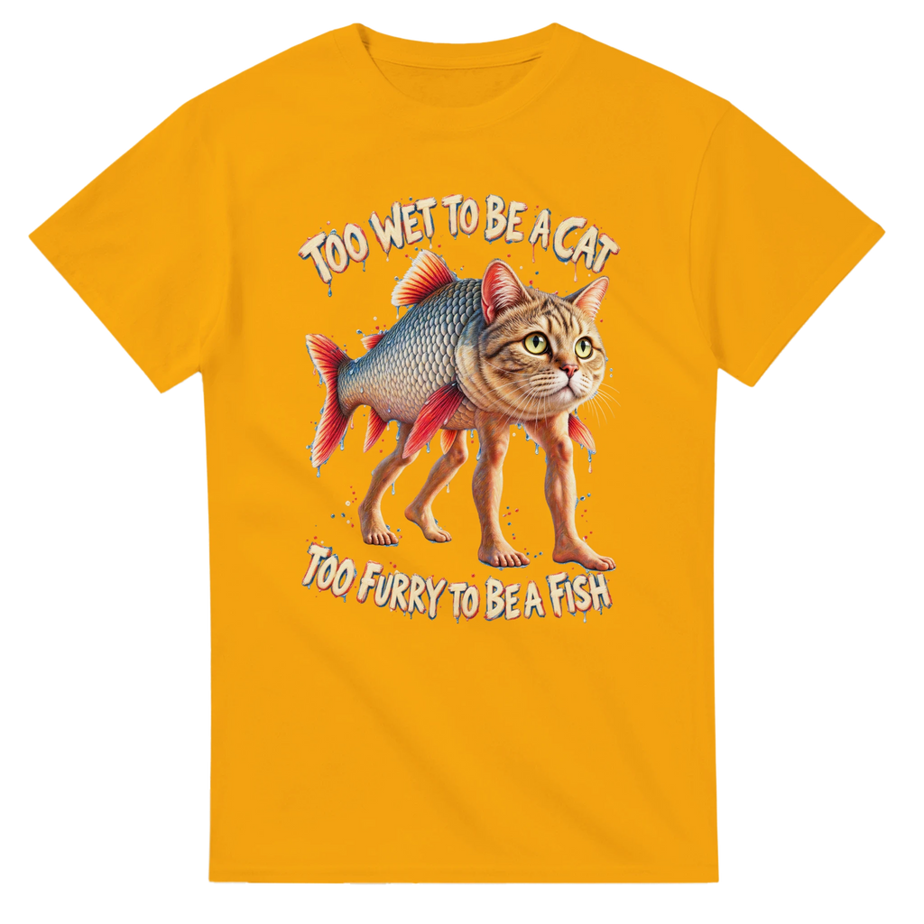 Gold t-shirt printed with Trulimero Trulichina and the words Too wet to be a cat, too furry to be a fish, front view