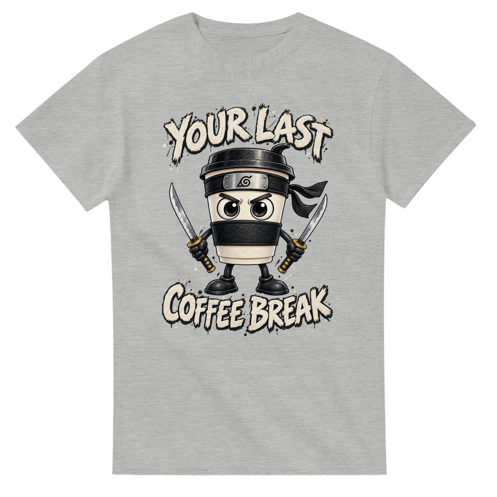 Ash t-shirt printed with Cappuccino Assassino and the words Your last coffee break, front view