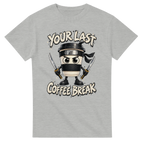 Ash t-shirt printed with Cappuccino Assassino and the words Your last coffee break, front view