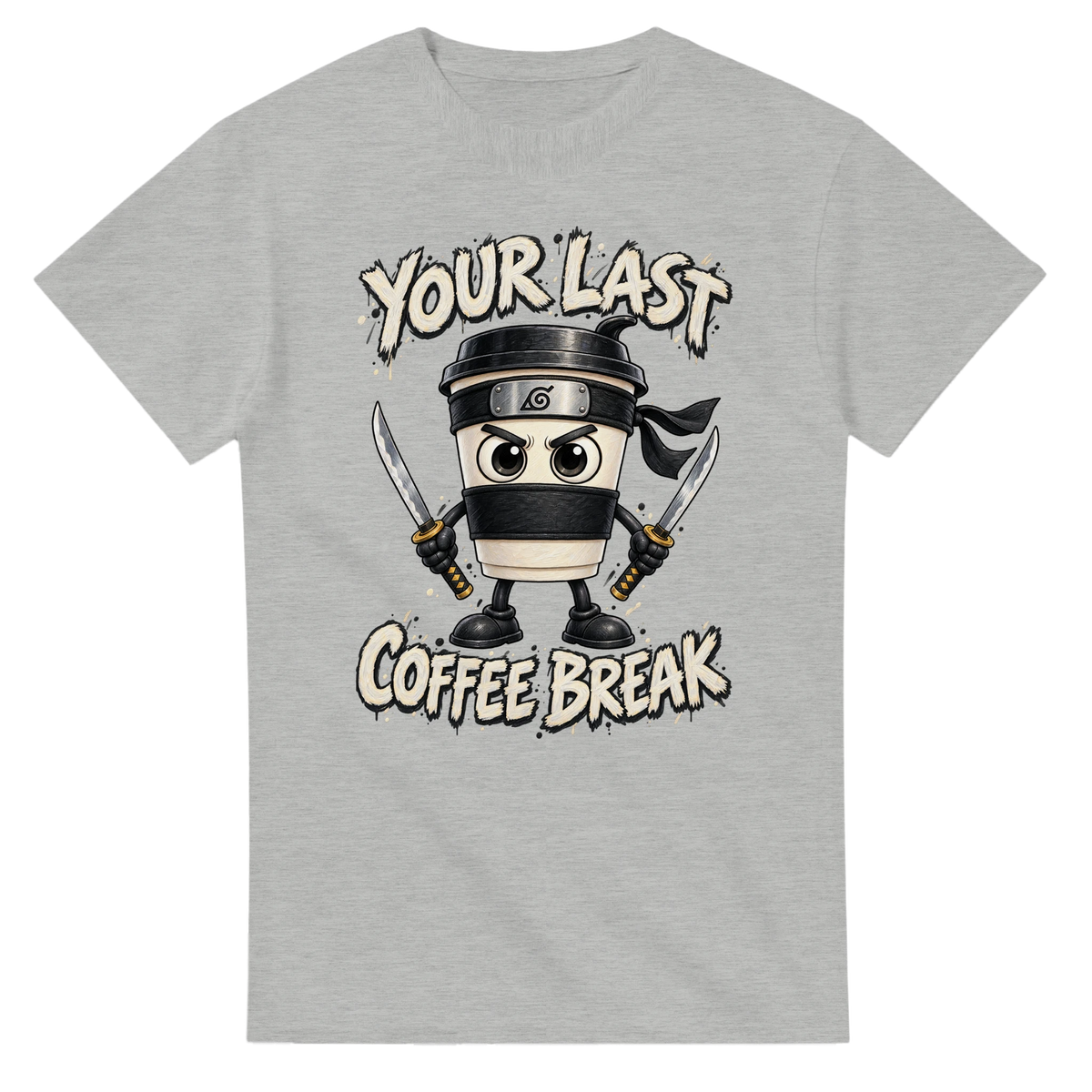 Ash t-shirt printed with Cappuccino Assassino and the words Your last coffee break, front view