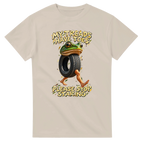 Sand t-shirt printed with Boneca Ambalabu and the words My treads have toes, please stop staring, front view
