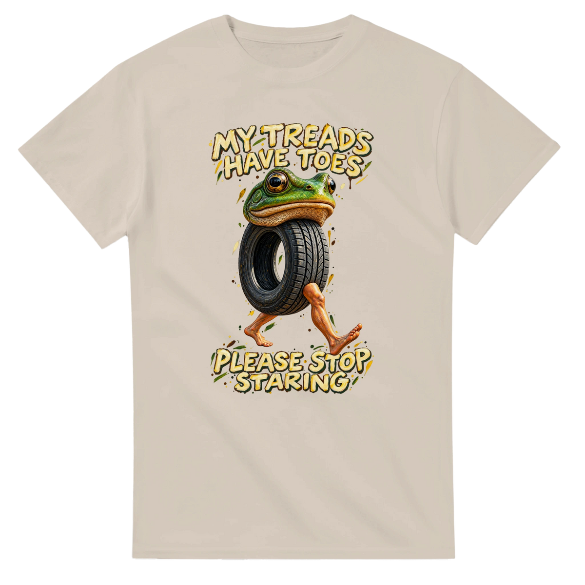 Sand t-shirt printed with Boneca Ambalabu and the words My treads have toes, please stop staring, front view