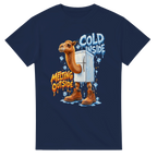 Navy t-shirt printed with Frigo Camelo and the words Cold inside, melting outside, front view