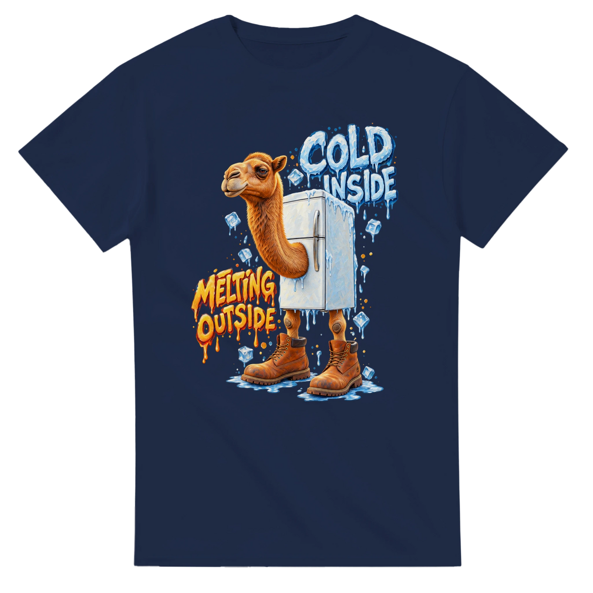 Navy t-shirt printed with Frigo Camelo and the words Cold inside, melting outside, front view