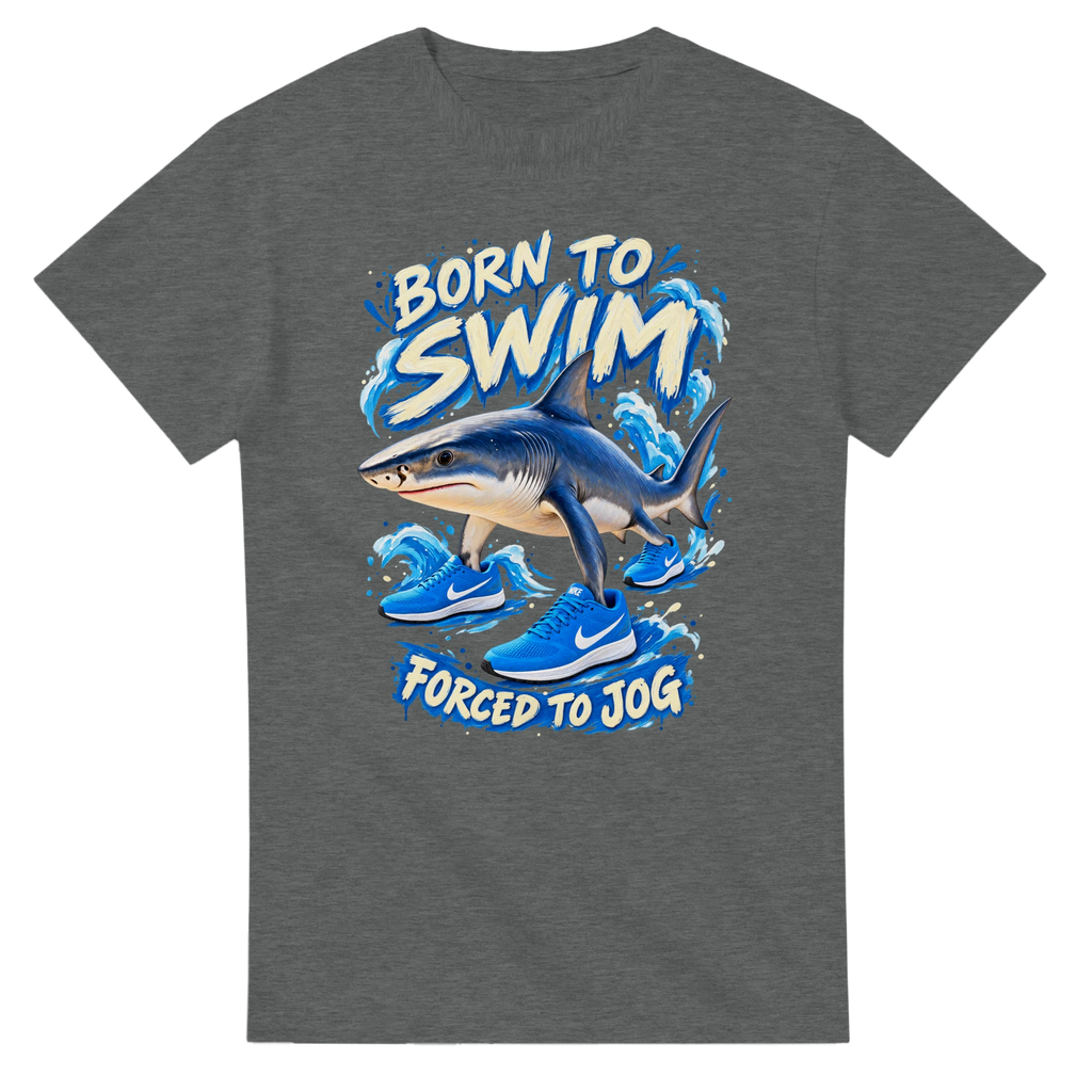 Graphite Heather t-shirt printed with Tralalero Tralala and the words Born to swim, forced to jog, front view