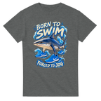 Graphite Heather t-shirt printed with Tralalero Tralala and the words Born to swim, forced to jog, front view