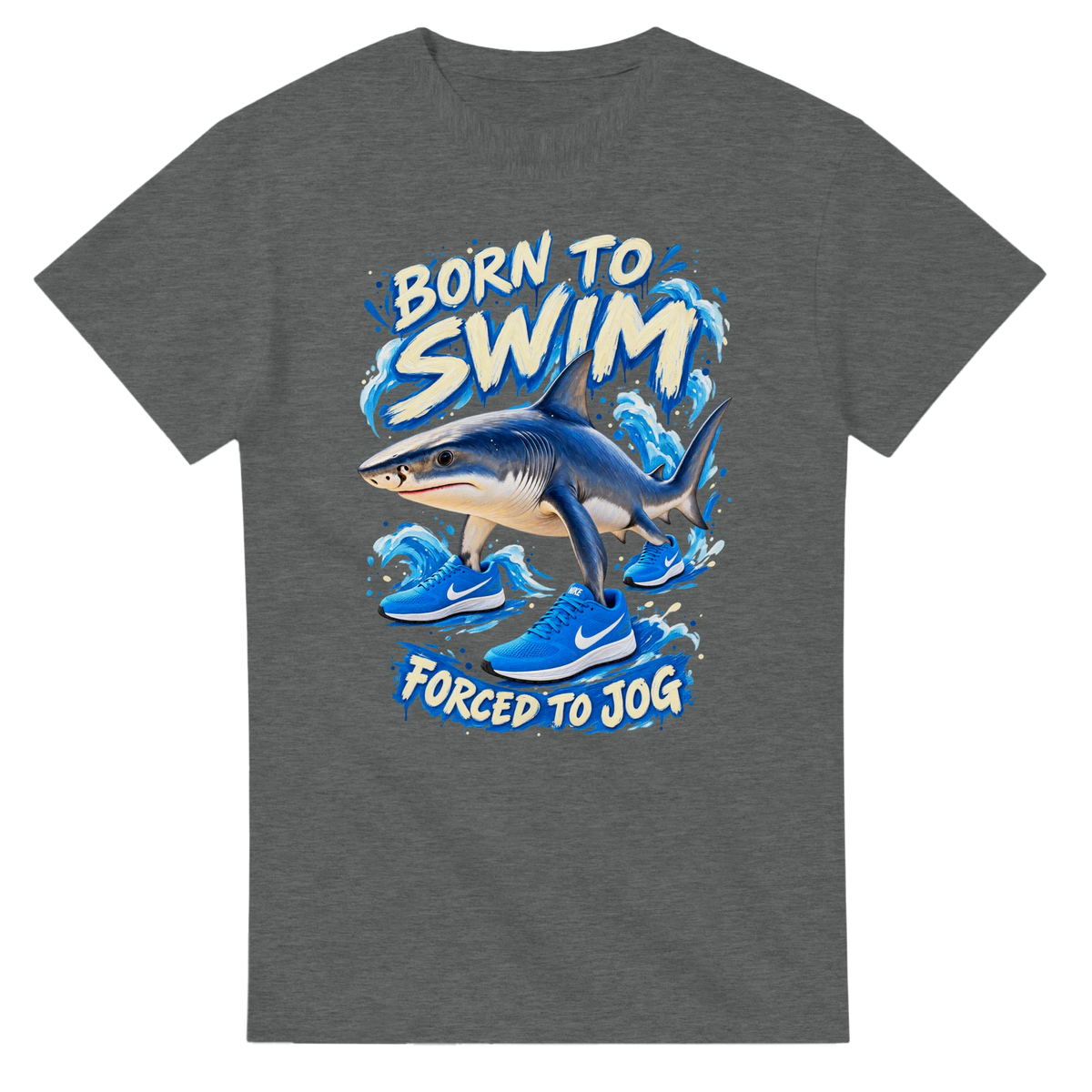 Graphite Heather t-shirt printed with Tralalero Tralala and the words Born to swim, forced to jog, front view