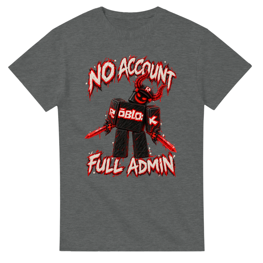 Graphite Heather t-shirt printed with Guest 666 and the words No account, full admin, front view