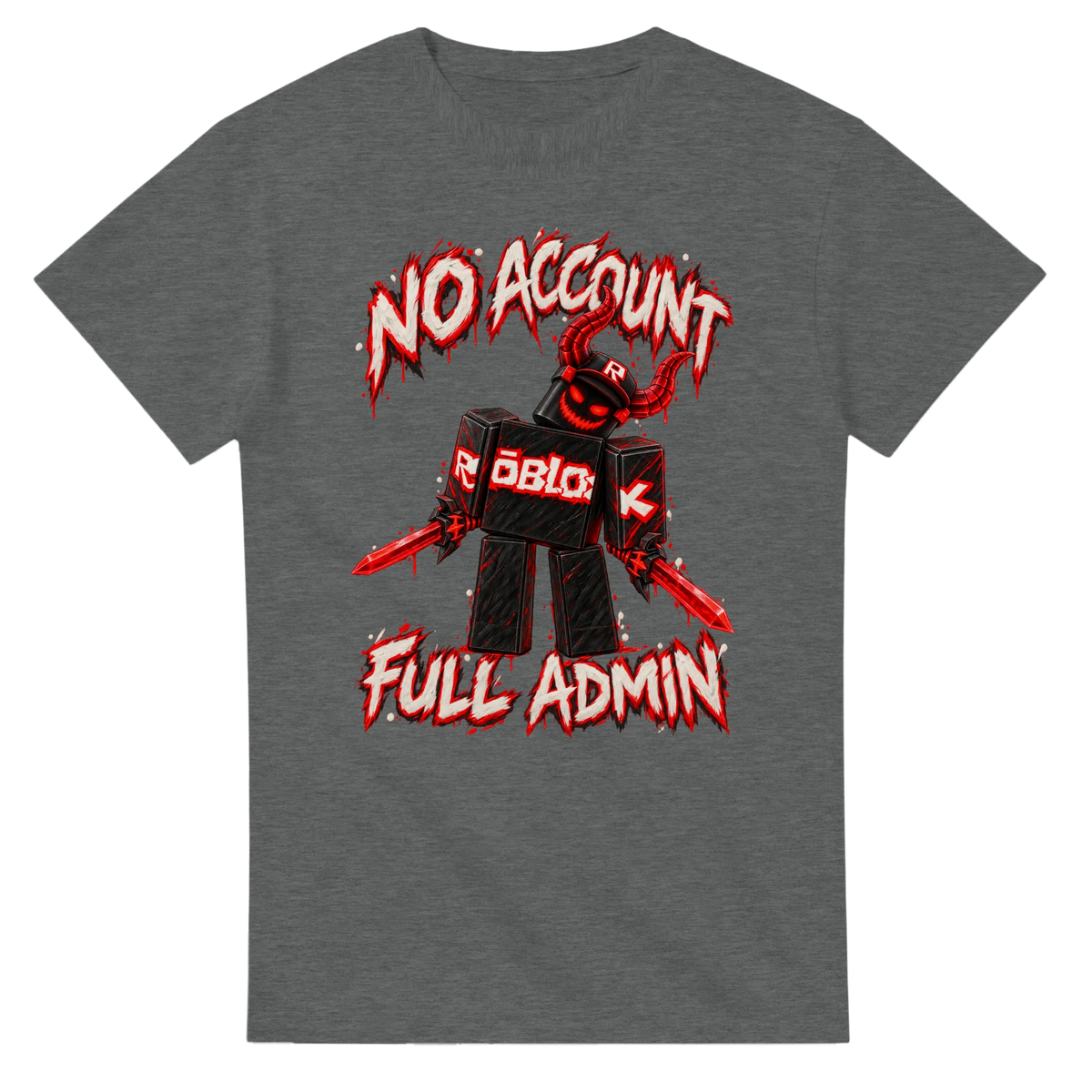 Graphite Heather t-shirt printed with Guest 666 and the words No account, full admin, front view