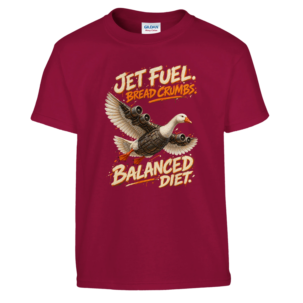 Bombombini Gusini print on a cardinal red kids t-shirt, front view