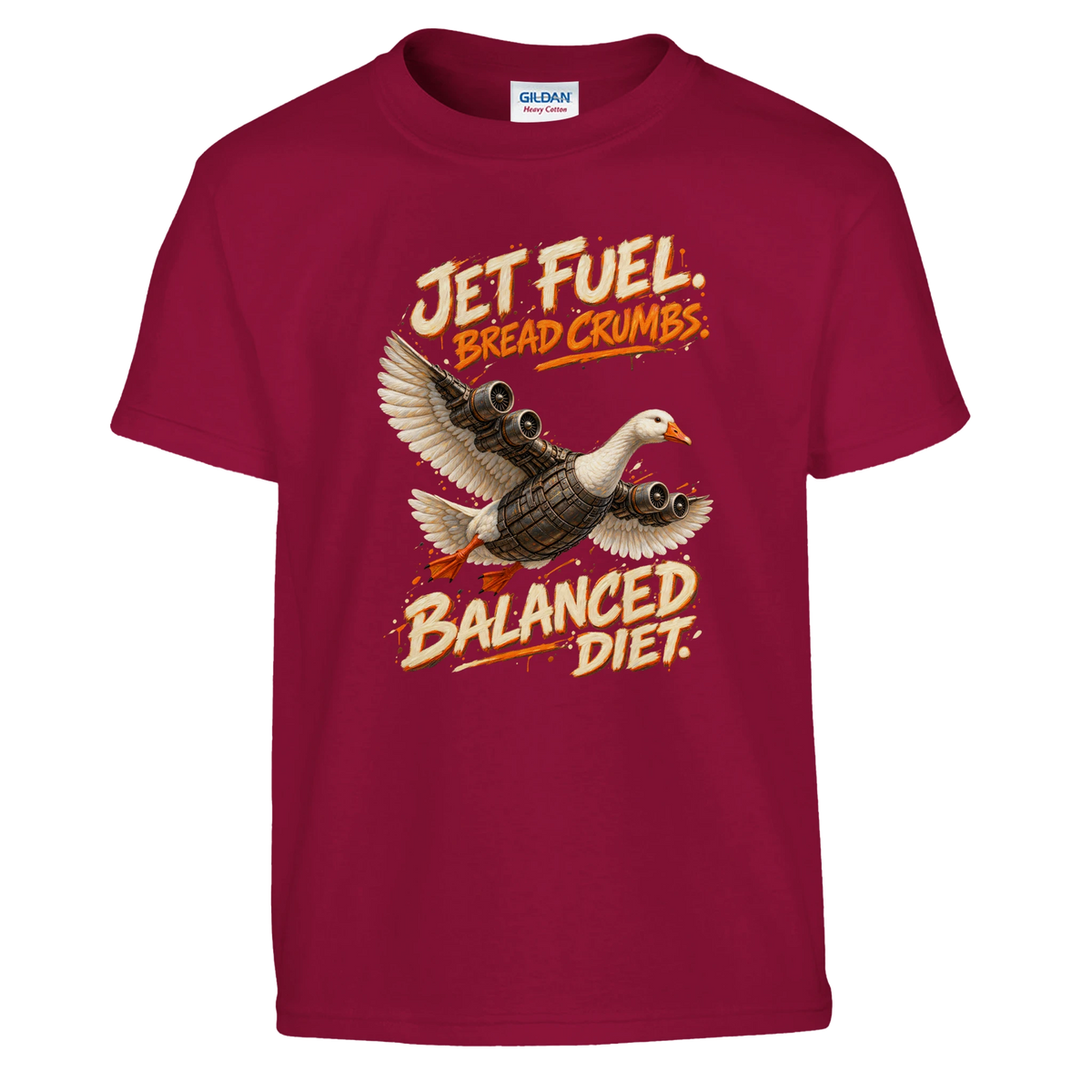 Bombombini Gusini print on a cardinal red kids t-shirt, front view