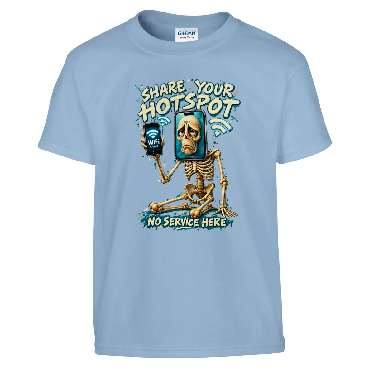 Pot Hotspot print on a light blue kids t-shirt, front view