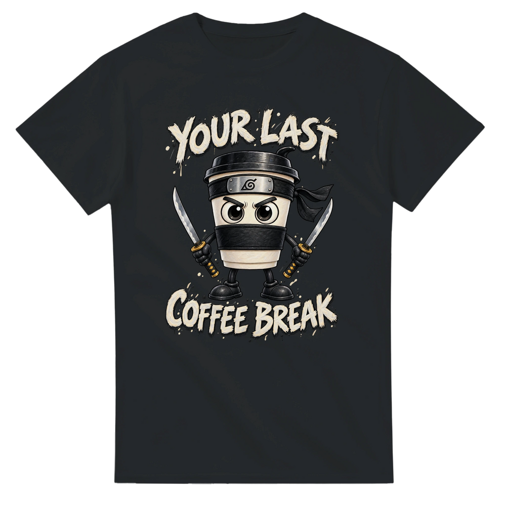 Black t-shirt printed with Cappuccino Assassino and the words Your last coffee break, front view