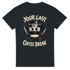 Black t-shirt printed with Cappuccino Assassino and the words Your last coffee break, front view