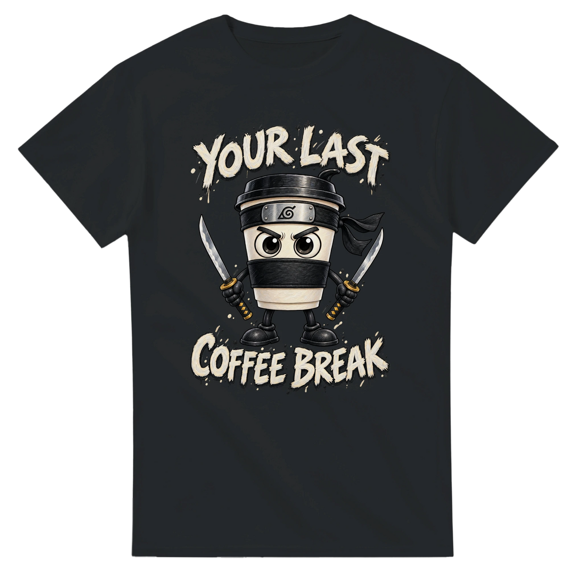 Black t-shirt printed with Cappuccino Assassino and the words Your last coffee break, front view