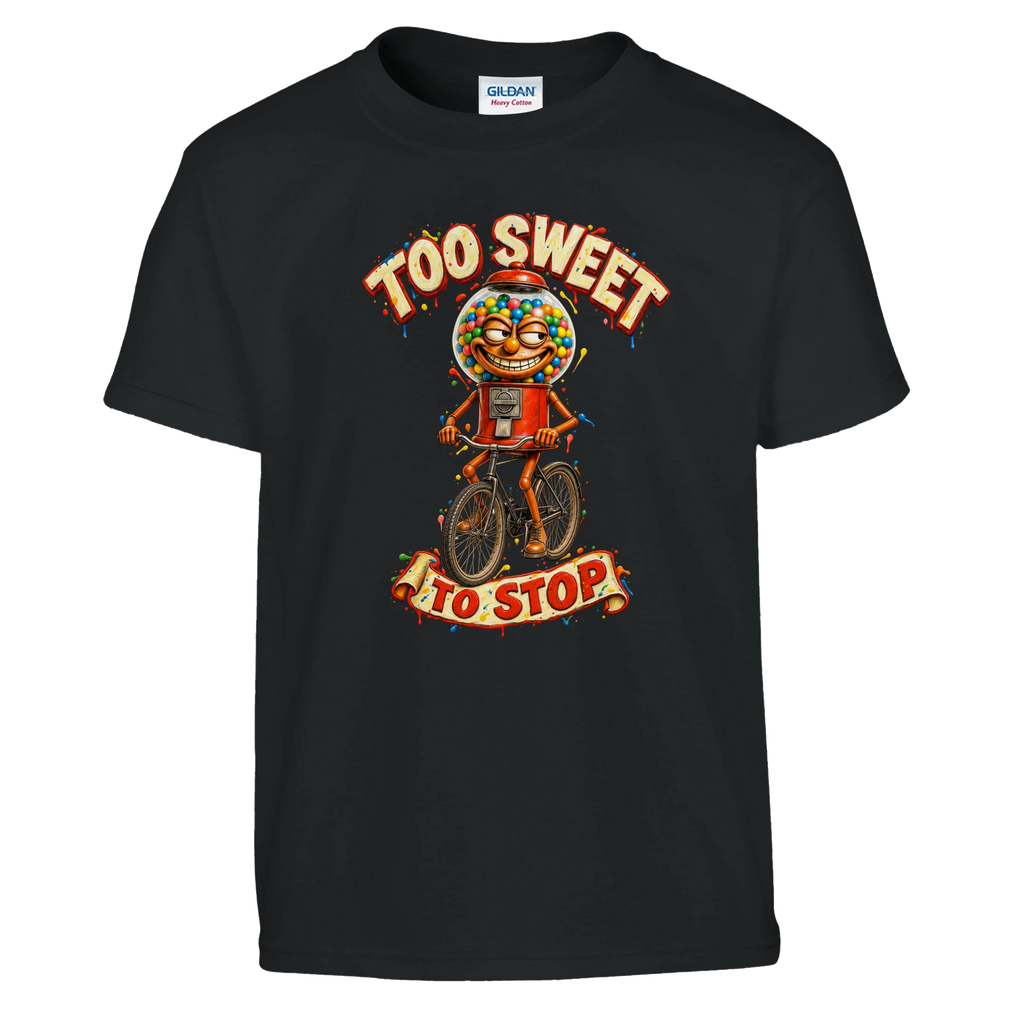 Chicleteira Bicicleteira print on a black kids t-shirt, front view