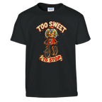 Chicleteira Bicicleteira print on a black kids t-shirt, front view
