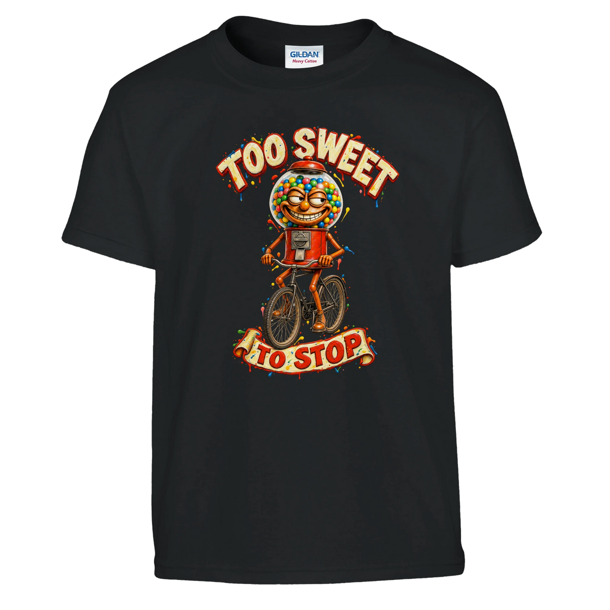 Chicleteira Bicicleteira print on a black kids t-shirt, front view