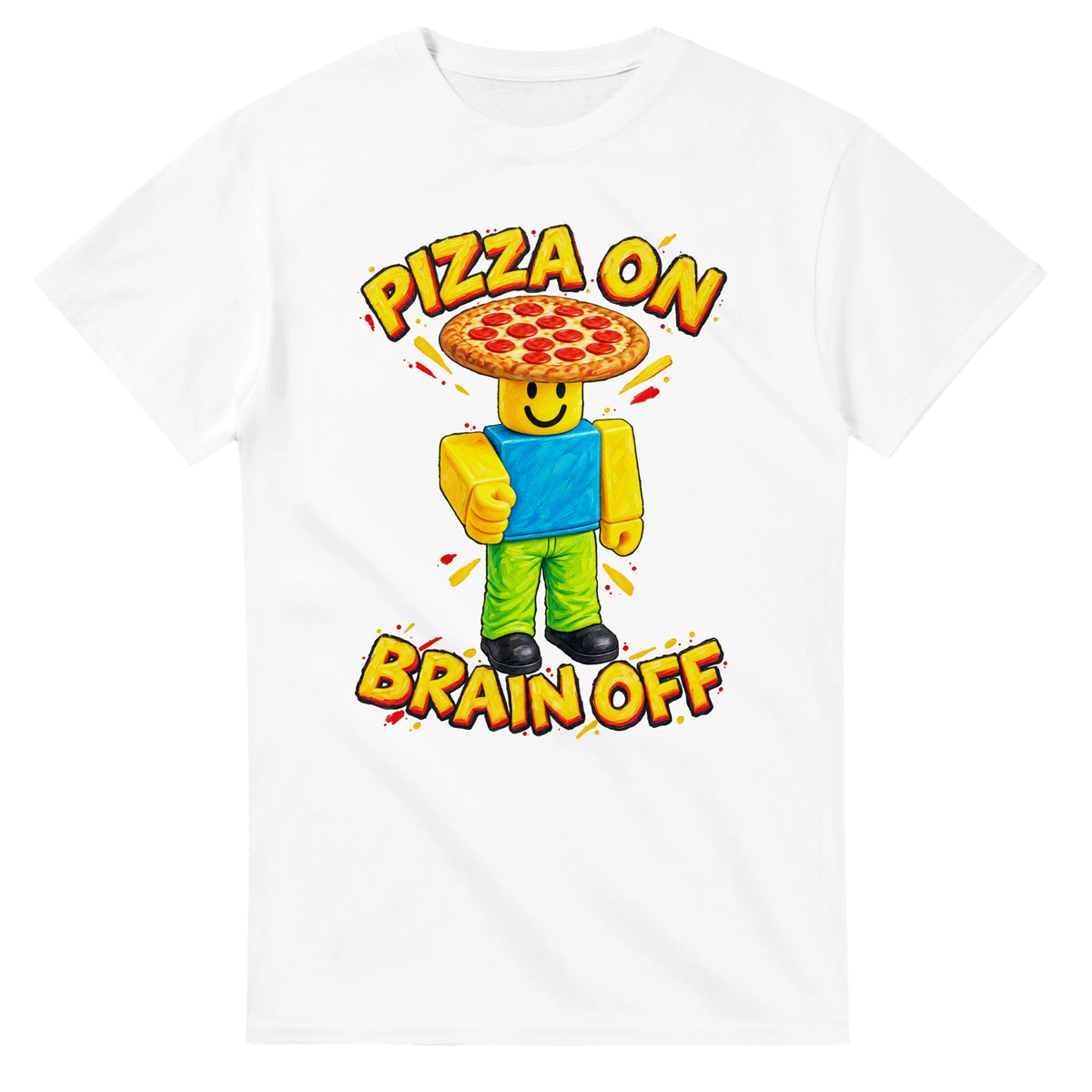 White t-shirt printed with Noobini Pizzanini and the words Pizza on, brain off, front view