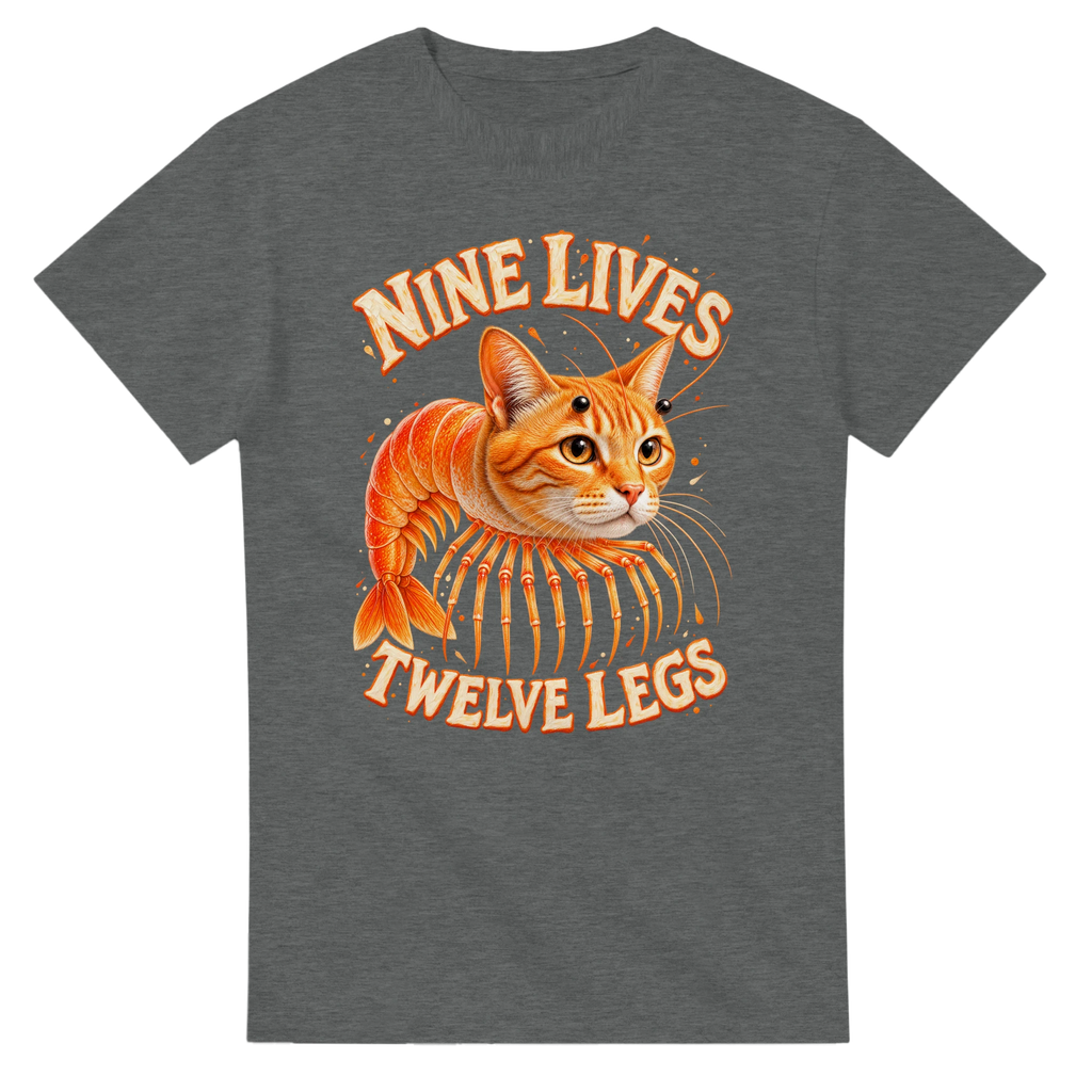 Graphite Heather t-shirt printed with Trippi Troppi and the words Nine lives, twelve legs, front view