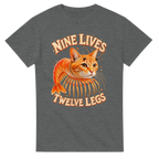 Graphite Heather t-shirt printed with Trippi Troppi and the words Nine lives, twelve legs, front view