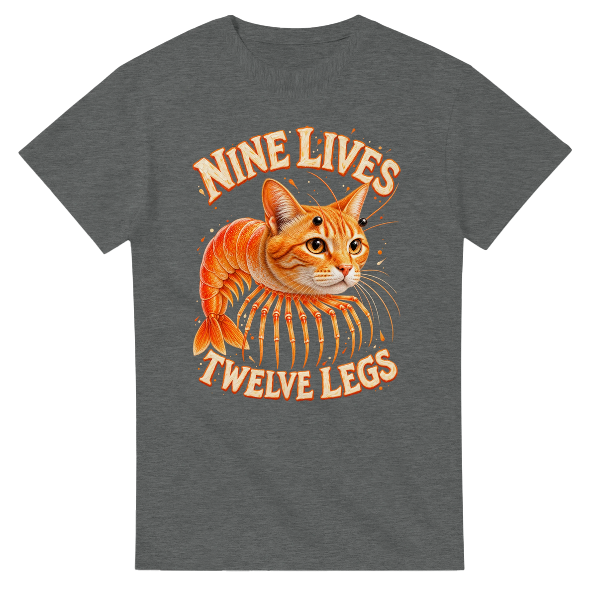 Graphite Heather t-shirt printed with Trippi Troppi and the words Nine lives, twelve legs, front view