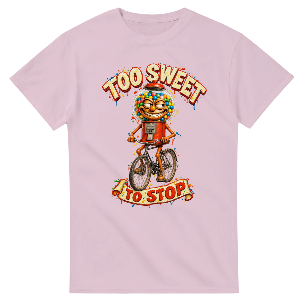 Light Pink t-shirt printed with Chicleteira Bicicleteira and the words Too sweet to stop, front view