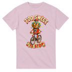 Light Pink t-shirt printed with Chicleteira Bicicleteira and the words Too sweet to stop, front view