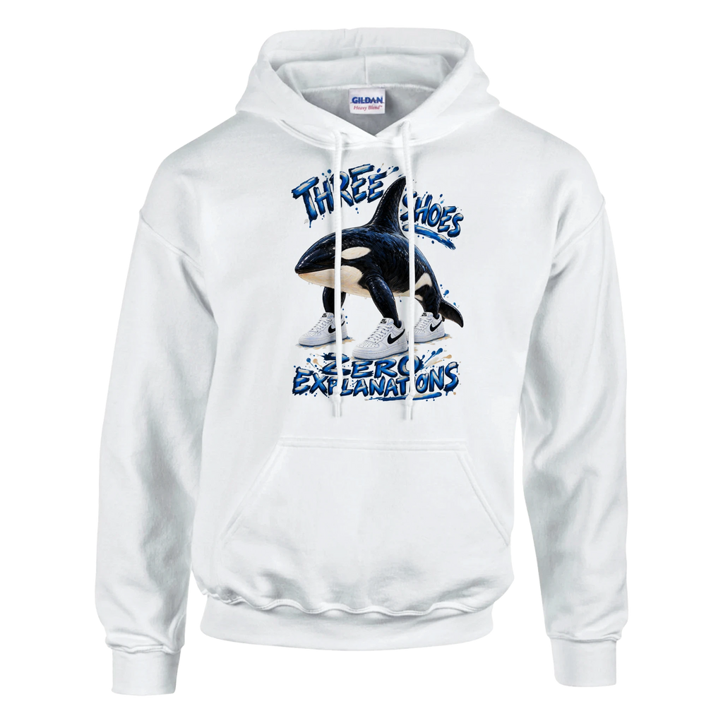 Orcalero Orcala print on a white pullover hoodie, front view