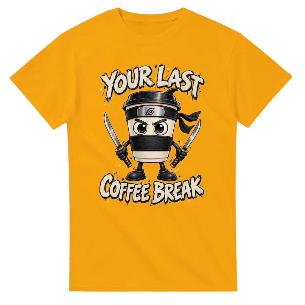Gold t-shirt printed with Cappuccino Assassino and the words Your last coffee break, front view