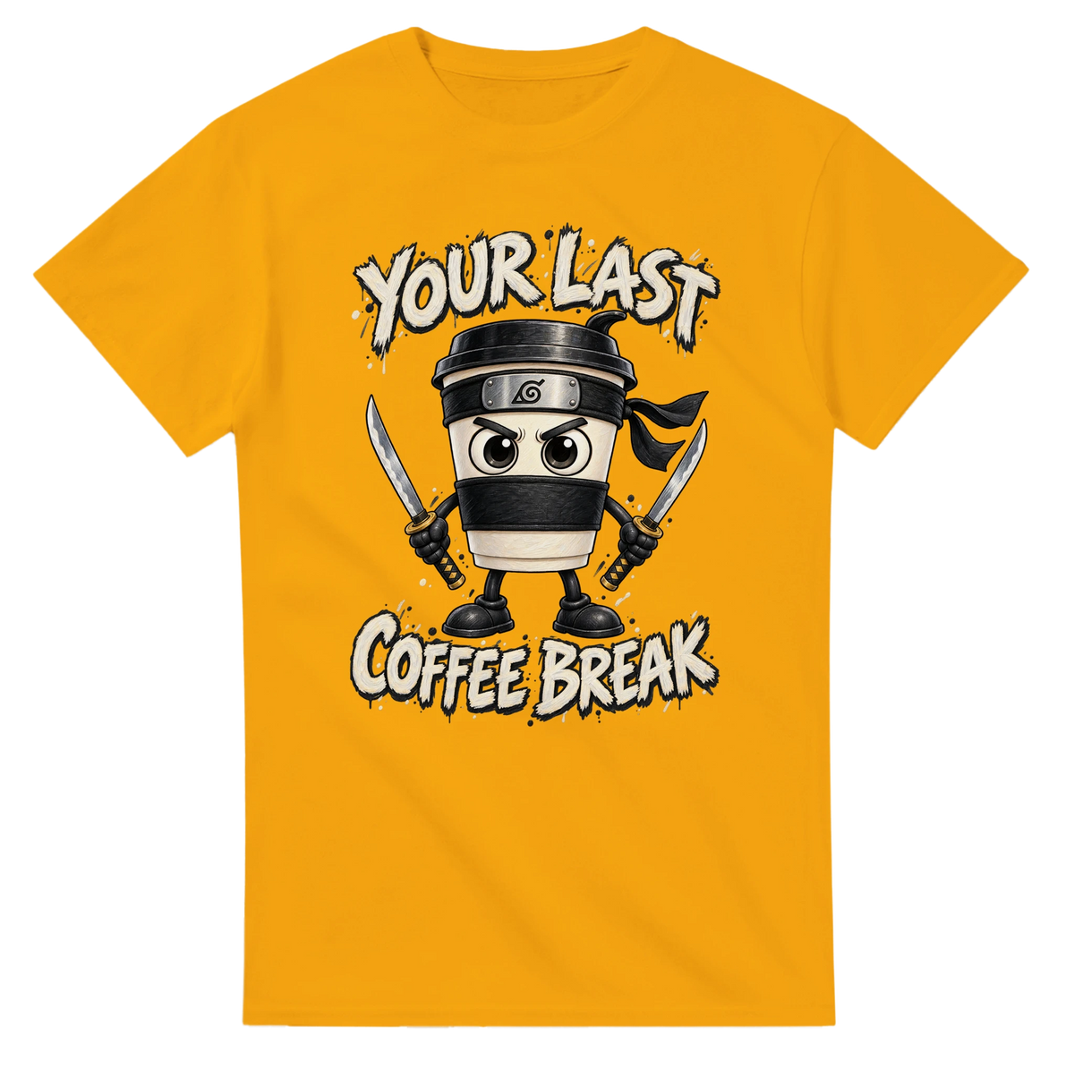 Gold t-shirt printed with Cappuccino Assassino and the words Your last coffee break, front view