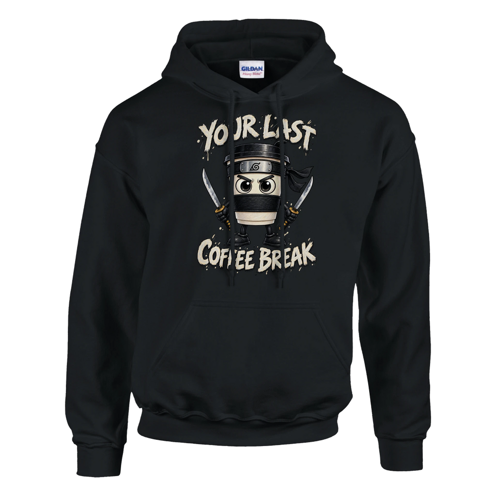 Cappuccino Assassino print on a black pullover hoodie, front view
