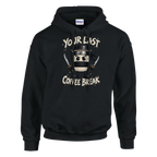 Cappuccino Assassino print on a black pullover hoodie, front view