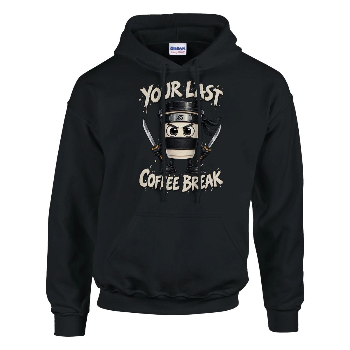Cappuccino Assassino print on a black pullover hoodie, front view