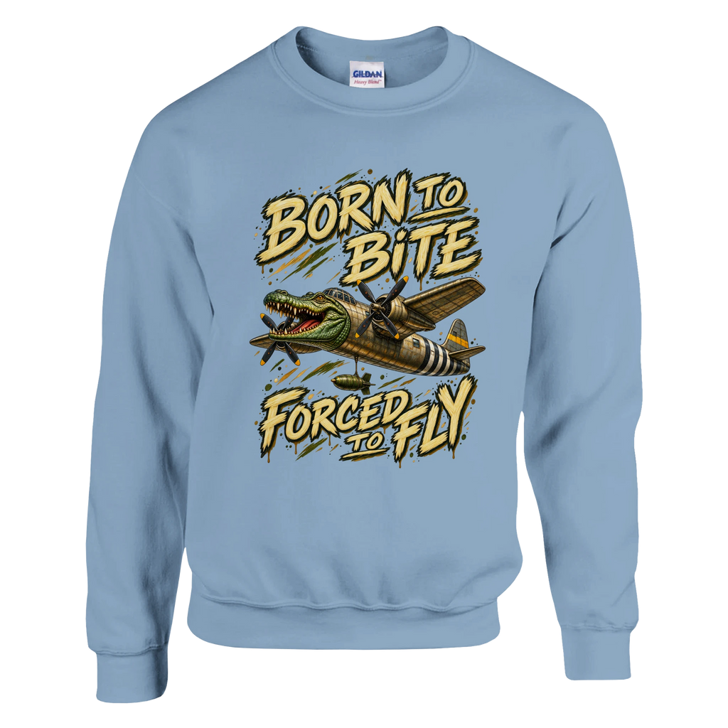 Bombardino Crocodilo print on a light blue crewneck sweatshirt, front view