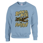 Bombardino Crocodilo print on a light blue crewneck sweatshirt, front view