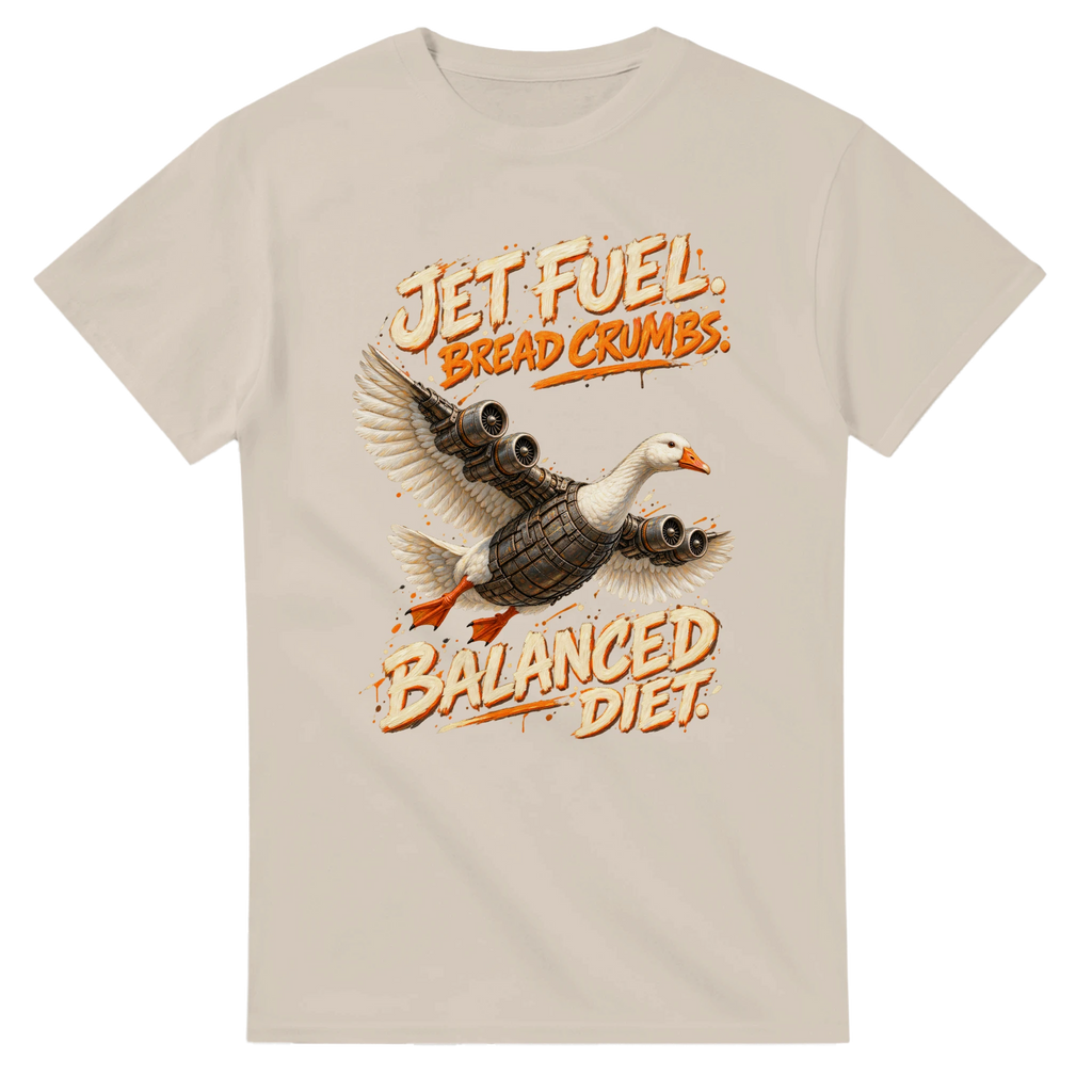 Sand t-shirt printed with Bombombini Gusini and the words Jet fuel, bread crumbs, balanced diet, front view