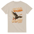Sand t-shirt printed with Bombombini Gusini and the words Jet fuel, bread crumbs, balanced diet, front view