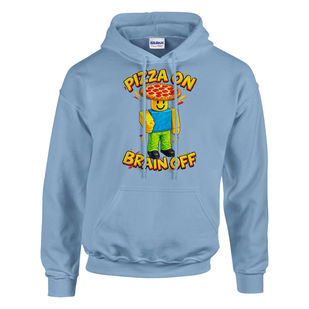 Noobini Pizzanini print on a light blue pullover hoodie, front view