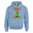 Noobini Pizzanini print on a light blue pullover hoodie, front view
