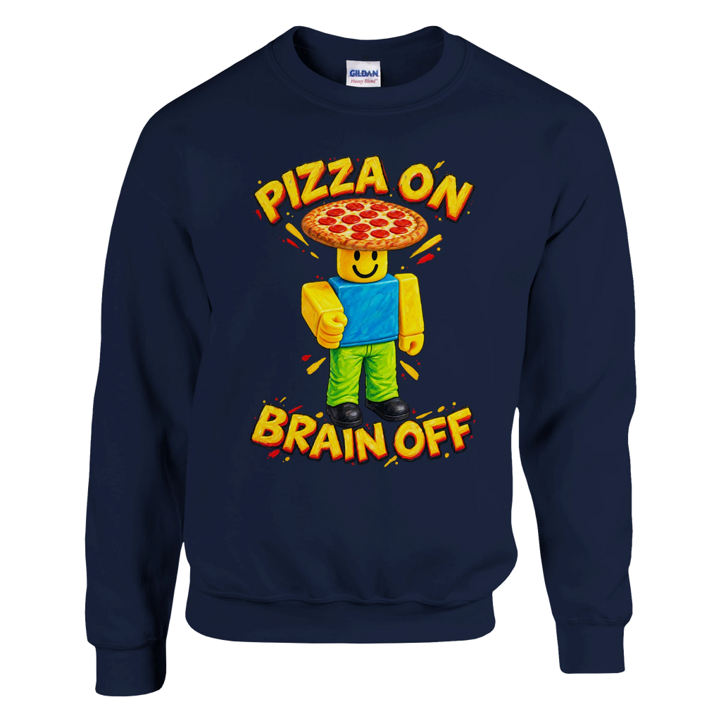 Noobini Pizzanini print on a navy crewneck sweatshirt, front view